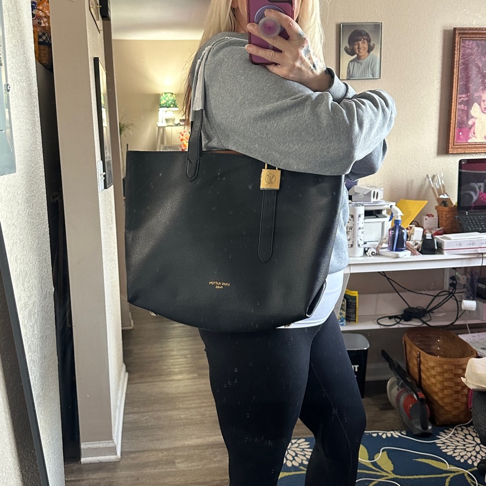 Black Leather Tote with Gold Padlock Accent